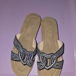 Women's Tan Sandals with Multicolor Straps